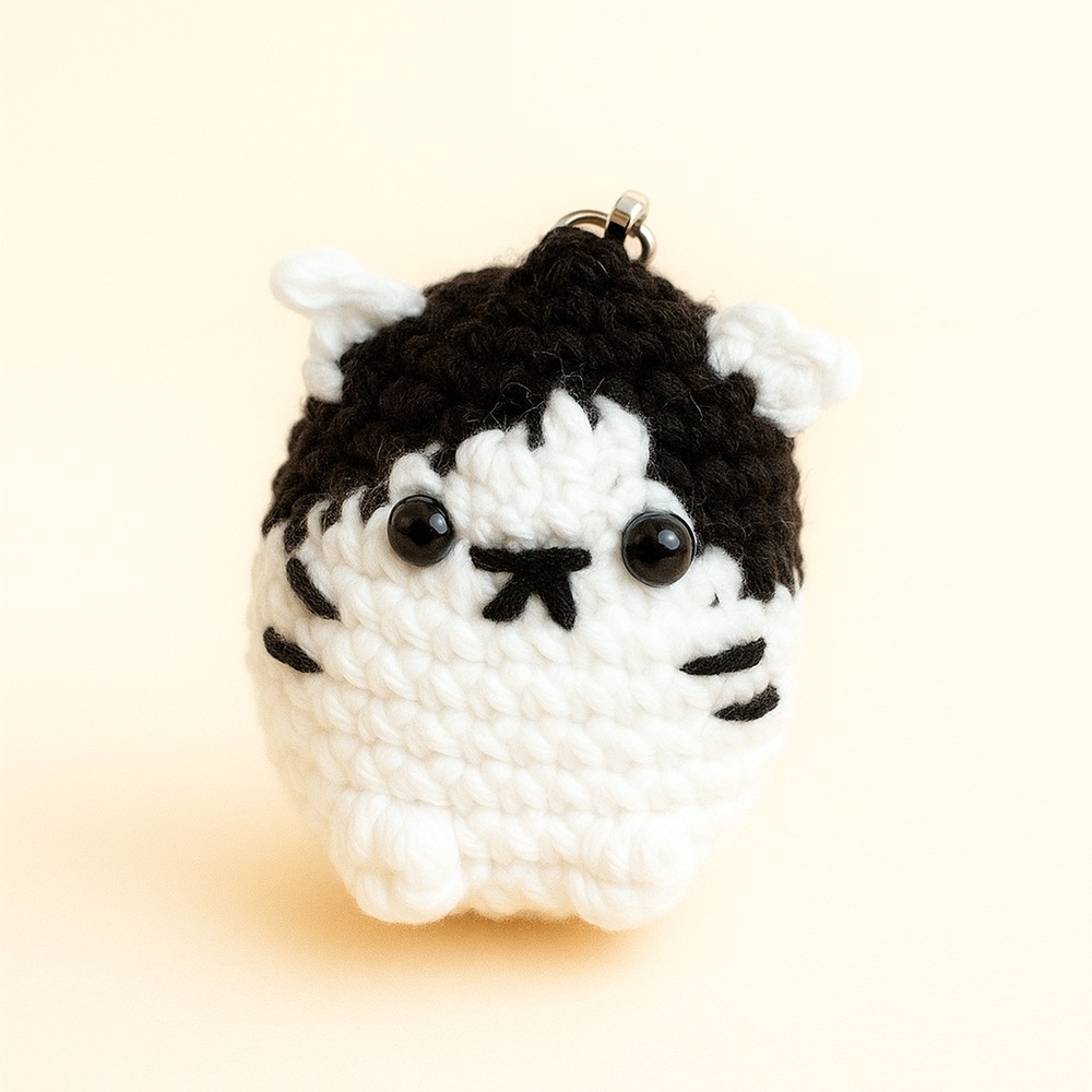 Cute Black and White Crochet Cat Keychain